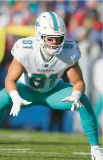  ?? JOSHUA BESSEX/AP ?? Miami Dolphins tight end Durham Smythe (81) lines-up during the first half of an NFL wild-card playoff football game against the Buffalo Bills, Sunday, Jan. 15, 2023, in Orchard Park, N.Y.