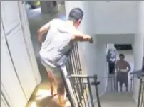  ??  ?? NAKED CAME THE STRANGER: In home security footage, Mat Sabz (left) confronts an intruder — who had put on Sabz’s shorts — in his LA house.