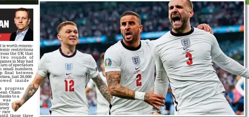 ?? GETTY IMAGES ?? Early hope: Luke Shaw celebrates his goal in the final with Trippier (left) and Walker