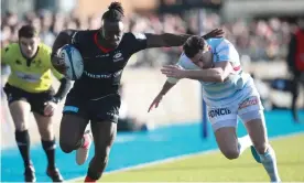  ?? Photograph: Adam Davy/PA ?? Saracens’ Maro Itoje and Racing 92’s Juan Imhoff during their Champions Cup pool match at Allianz Park earlier this season.