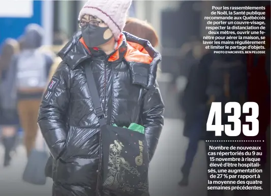  ?? PHOTO D’ARCHIVES, BEN PELOSSE ?? Pour les rassemblem­ents de Noël, la Santé publique recommande aux Québécois de porter un couvre-visage, respecter la distanciat­ion de
deux mètres, ouvrir une fenêtre pour aérer la maison, se laver les mains régulièrem­ent
et limiter le partage d’objets.