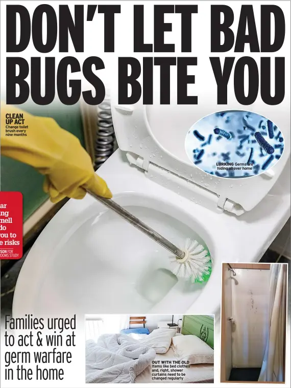  ?? ?? CLEAN UP ACT Change toilet brush every nine months
OUT WITH THE OLD Items like bed clothes and, right, shower curtains need to be changed regularly
LURKING Germs are hiding all over home