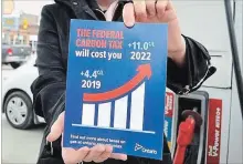  ?? ALEXANDRA HECK TORSTAR ?? The gas pump decals read: “The federal carbon tax will cost you.”