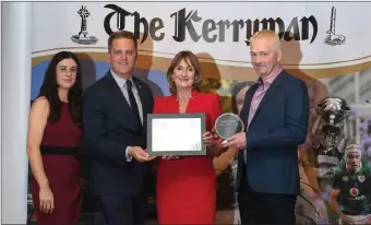  ??  ?? Winners of the Best Artisan Award was Annascaul Black Pudding. Pictured from left Teresa O’Shea (The Kerryman), Thys Vogels (sponsor Ballygarry House Hotel &amp; Spa), Eileen and Tom Ashe (Annascaul Black Pudding).