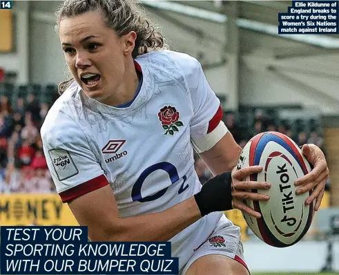  ?? ?? Ellie Kildunne of England breaks to score a try during the Women’s Six Nations match against Ireland