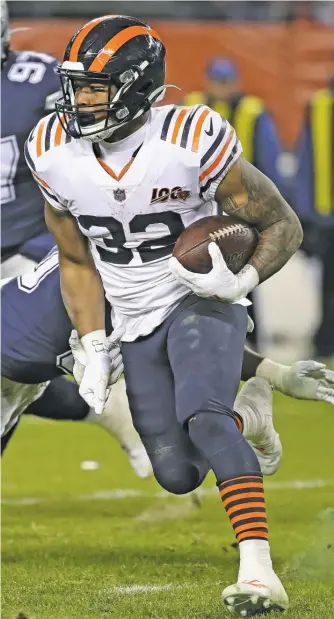  ?? JONATHAN DANIEL/GETTY IMAGES ?? The Bears still see running back David Montgomery, whom they drafted in the third round last year, as a workhorse, so the position isn’t high on their list of priorities this offseason.