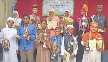  ?? Photo: Waisea Nasokia ?? Various winners with their awards during the Fiji Muslim League National Finals at the Nadi Muslim College on March 25, 2018.