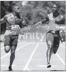  ?? AP File Photo ?? Christian Coleman (left) of the United States, wins the 100-meter race as he looks towards compatriot Justin Gatlin during the Prefontain­e Classic athletics meet in Stanford, Calif., on June 30.