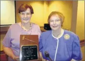  ??  ?? Gavel Club outgoing president Betty Krone (left) of Memphis was presented a plaque by incoming president, Rose Ann Bradley of Cordova. Club members are past service club presidents meeting to network on the fourth Friday of each month at 11:30 a.m. at...