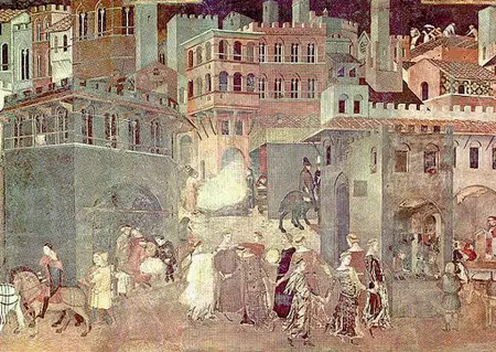  ??  ?? «Allegoria degli Effetti del Buon Governo in Città» (1338-1339), Ambrogio Lorenzetti. Parete di destra della Sala dei Nove, Palazzo Pubblico, Siena