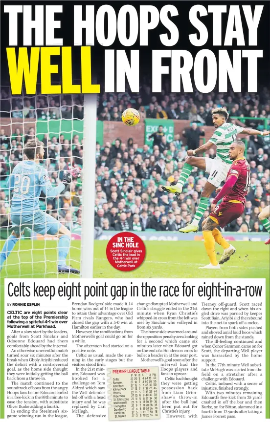  ??  ?? IN THE SINC HOLE Scott Sinclair gives Celtic the lead in the 4-1 win over Motherwell at Celtic Park