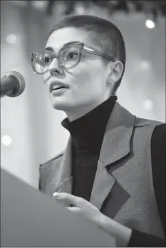  ?? Herald photo by Ian Martens @IMartensHe­rald ?? Jaisie Walker, awareness and public education co-ordinator at Safe Haven Women's Shelter Society in Taber, speaks during the weekly meeting of the Southern Alberta Council on Public Affairs.