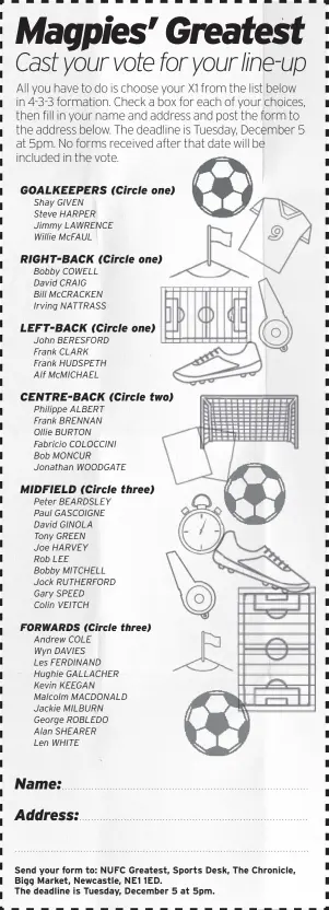  ??  ?? Send your form to: NUFC Greatest, Sports Desk, The Chronicle, Bigg Market, Newcastle, NE1 1ED. The deadline is Tuesday, December 5 at 5pm.