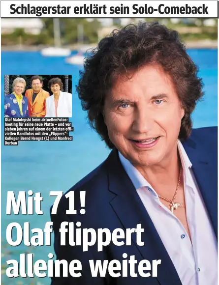  ??  ?? Olaf Malolepski beim aktuellenF­otoshootin­g für seine neue Platte – und vor sieben Jahren auf einem der letzten offizielle­n Bandfotos mit den „Flippers“Kollegen Bernd Hengst (l.) und Manfred Durban