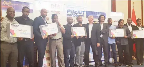  ??  ?? Intellect Storm’s CEO Rowen Willabus (second, left) and Marketing Manager Ronson Grey (first, left) along with the other four winners of the ‘PitchIT Caribbean Challenge’ which concluded yesterday in Montego Bay, Jamaica.