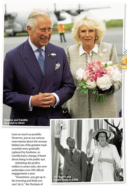  ??  ?? Charles and Camilla on a visit in 2014 The Queen and Prince Philip in 1959