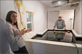  ?? (AP/Steve Helber) ?? Paige Pollard (from left) of Building Resilient Solutions gestures Oct. 4 as she describes the process of testing wood along with Kerry Shackelfor­d at their lab in Suffolk, Va.