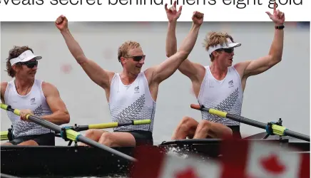  ?? Photo / Getty Images ?? New Zealand men’s eight members Tom Murray, Hamish Bond and Thomas Mackintosh celebrate winning gold yesterday.