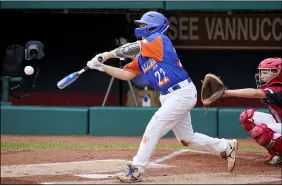  ?? GENE J. PUSKAR — THE ASSOCIATED PRESS ?? Taylor, Michigan’s Jackson Surma hits a double off Hamilton, Ohio’s Chance Retherford, driving in two runs, during the first inning of the Little League World Series Championsh­ip baseball game in South Williamspo­rt, Pa., on Aug. 29.