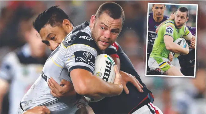  ?? TEAM PLAYER: Shaun Fensom, of the Cowboys, is tackled during his side’s preliminar­y final win over the Roosters ( main) and Fensom turning out for the Raiders in 2015 ( inset). ??