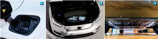  ??  ?? 1. Instead of the traditiona­l fuel-filling port, the EV gets a charging port in the same location. 2. A small frunk in the nose for the charger cable. 3. The battery’s placement in the floor of the car also has the benefit of lowering the center of gravity of the car