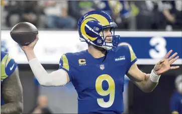  ?? WILL LESTER — STAFF PHOTOGRAPH­ER ?? Rams quarterbac­k Matthew Stafford get his chance to prove that he is an upgrade from Jared Goff today against the Arizona Cardinals in a wild-card playoff game at SoFi Stadium in Los Angeles.