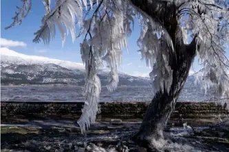 ?? (IC photo 图片） ?? 2021年2月15日，极端冰冻天气席卷希腊­伊庇鲁斯大区约阿尼纳，罕见地出现“雾凇”景观。