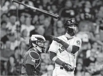  ?? Karen Warren / Staff photograph­er ?? The Astros’ Marwin Gonzalez shows his disgust after striking out in the first inning Tuesday.