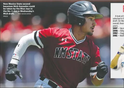  ?? PRESS THE ASSOCIATED ?? New Mexico State second baseman Nick Gonzales could be taken by the Blue Jays in the No. 5 slot in Wednesday’s MLB draft.