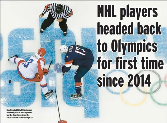  ?? AP ?? Starting in 2026, NHL players will take part in the Olympics for the first time since the Sochi Games a decade ago.