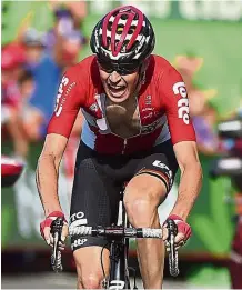  ?? — AFP ?? Strong finish: Lotto Soudal’s Belgian Sander Armee celebratin­g as he crosses the finish line to win Stage 18 of Vuelta a Espana on Thursday.