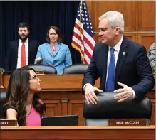  ?? RICKY CARIOTI — THE WASHINGTON POST ?? Rep. James Comer (R-Ky.), chairman of the House Oversight Committee, speaks to Rep. Lauren Boebert (R-Colo.).