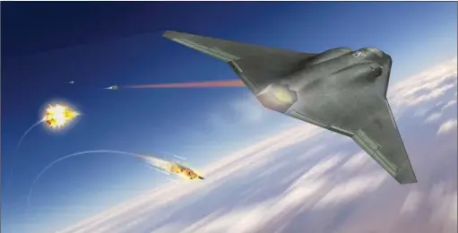  ??  ?? Avion de combat équipé d’une arme à « énergie dirigée », autrement dit un laser de forte puissance permettant ici de détruire des ogives en plein vol balistique. De la science-fiction… © DR