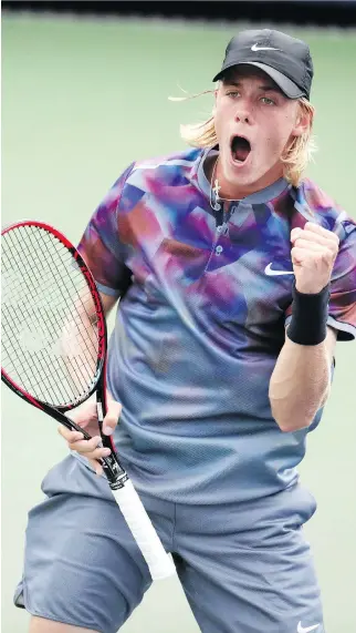  ?? JULIO CORTEZ/THE ASSOCIATED PRESS ?? Denis Shapovalov from Richmond Hill, Ont., reacts after scoring a point against Daniil Medvedev at the U.S. Open on Monday in New York. Shapovalov will next play Jo-Wilfried Tsonga.