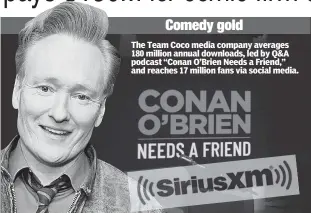  ?? ?? Comedy gold
The Team Coco media company averages 180 million annual downloads, led by Q&A podcast “Conan O’Brien Needs a Friend,” and reaches 17 million fans via social media.