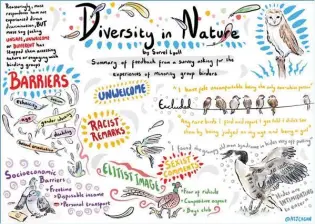  ??  ?? This Diversity in Nature illustrati­on by Alex Cagan shows some of the barriers experience­d by minority groups in nature. It is based on a survey undertaken by Sorrel.