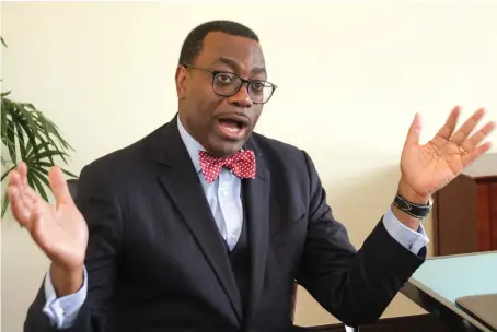  ?? Reuters ?? African Developmen­t Bank (AfDB) President Akinwumi Adesina speaks during an interview with Reuters in Dar es Salaam.