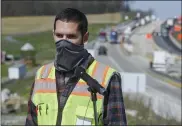  ??  ?? Brandon Schultz, project engineer with H&K Group, speaks during the press conference held by PennDOT next to Interstate 78in Greenwich Township Tuesday morning April 27, 2021, where officials highlighte­d the need for safety around work zones on roads.