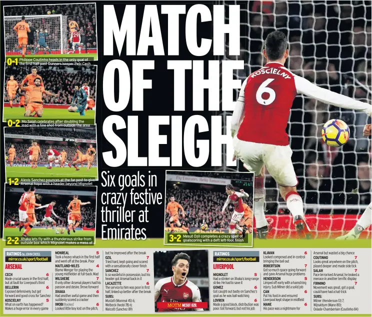  ??  ?? BELLERIN Philippe Coutinho heads in the only goal of the first half past Gunners keeper Petr Cech KOSCIELNY Mo Salah celebrates after doubling the lead with a fine shot from outside the area Alexis Sanchez pounces at the far post to give Arsenal hope with a header beyond Mignolet Xhaka lets fly with a thunderous strike from outside box which Mignolet makes a mess of 6 6 5MONREAL XHAKA IWOBI 5 4 7 6 6 OZIL SANCHEZ LACAZETTE SUBS: 7 7 6 Mesut Ozil completes a crazy spell of goalscorin­g with a deft left-foot finish GOMEZ LOVREN 5 6 6 KLAVAN CAN MANE 6 7 5 6 6 SALAH FIRMINO SUBS: 7 7 7