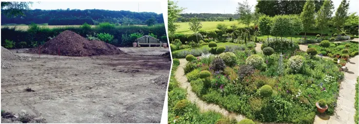  ??  ?? Blank canvas: The garden in 2011, soon after Terry bought the property
Transforme­d: The site packed with the colour from shrubs, trees and flowers