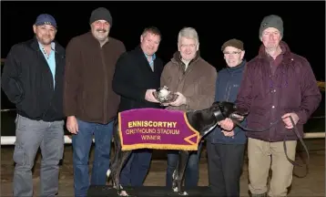  ??  ?? Brightside Vim, winner of the Wexford GOBA A4 Stake final, with John Kehoe, James Kent, John Somers, Vincent Morris (Chairman), Tom Somers and Johnny Kavanagh.