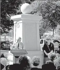  ?? Arkansas Democrat-Gazette/JOHN SYKES JR. ?? University of Arkansas at Fort Smith professor Billy Higgins speaks Friday at a rededicati­on event for the state’s War of 1812 Memorial Fountain, during which the Arkansas chapter of the U.S. Daughters of the War of 1812 honored Peter Caulder, the...