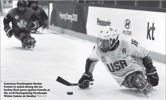  ??  ?? American Paralympia­n Declan Farmer in action during the ice hockey final game against Canada at the 2018 Pyeongchan­g Paralympic Winter Games on Sunday