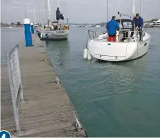  ??  ?? With the stern line slipped, the skipper centres the wheel as the crew hauls in the stern line. As the boat is never out of forward gear, the skipper always has steerage