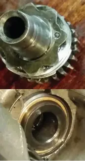  ??  ?? Sheared peg in the timing pinion and in the crankshaft journal end