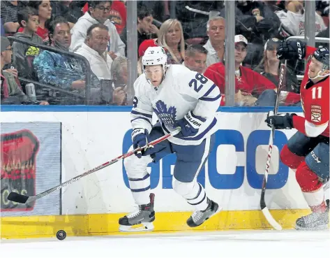  ?? JOEL AUERBACH/GETTY IMAGES ?? Toronto Maple Leafs’ winger Connor Brown skates up ice during a penalty kill at the BB&T Center, in Sunrise, Fla. Brown will start the on Auston Matthews’ right wing during the Leafs’ game against the Calgary Flames, as per coach Mike Babcock.