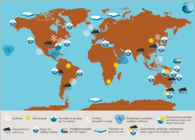  ??  ?? Localisati­ons des régions où se sont produits les évènements extrêmes en lien avec les changement­s affectant l’océan (sélection d’évènements qui ont eu lieu entre 1998 et 2017)
Source : IPCC, SROCC, 2019, Chapitre 6 (© ocean-climate.org)