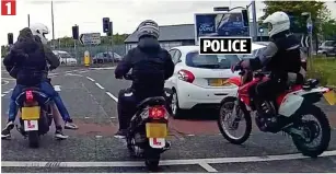  ??  ?? Police stop! Officer on a scrambler bike roars up to youths on mopeds