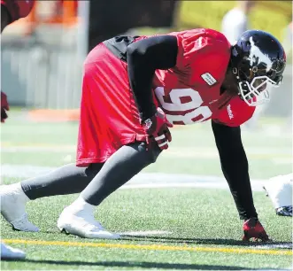  ?? COLLEEN DE NEVE/ CALGARY HERALD ?? Defensive end Brandon Boudreaux, a four- year CFL veteran, says he’s ready to step in if called upon. He might get his chance on Saturday in Regina against the Roughrider­s.