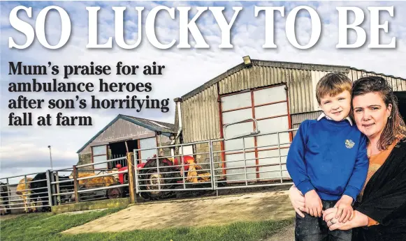  ??  ?? Rhian Hughes’ son Will fell through the roof of their cow shed at their farm at Tan Y Bryn, Sarn Bach, and needed to be helped to hospital by the Wales Air Ambulance